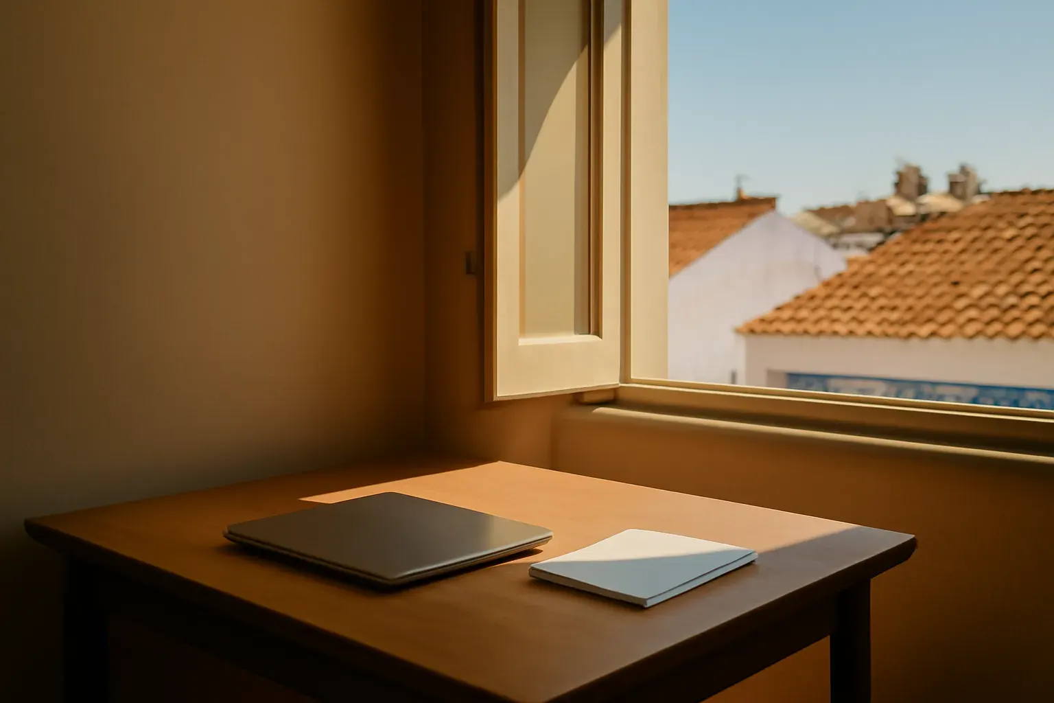 A workspace desk with natural daylight, in the Algarve.