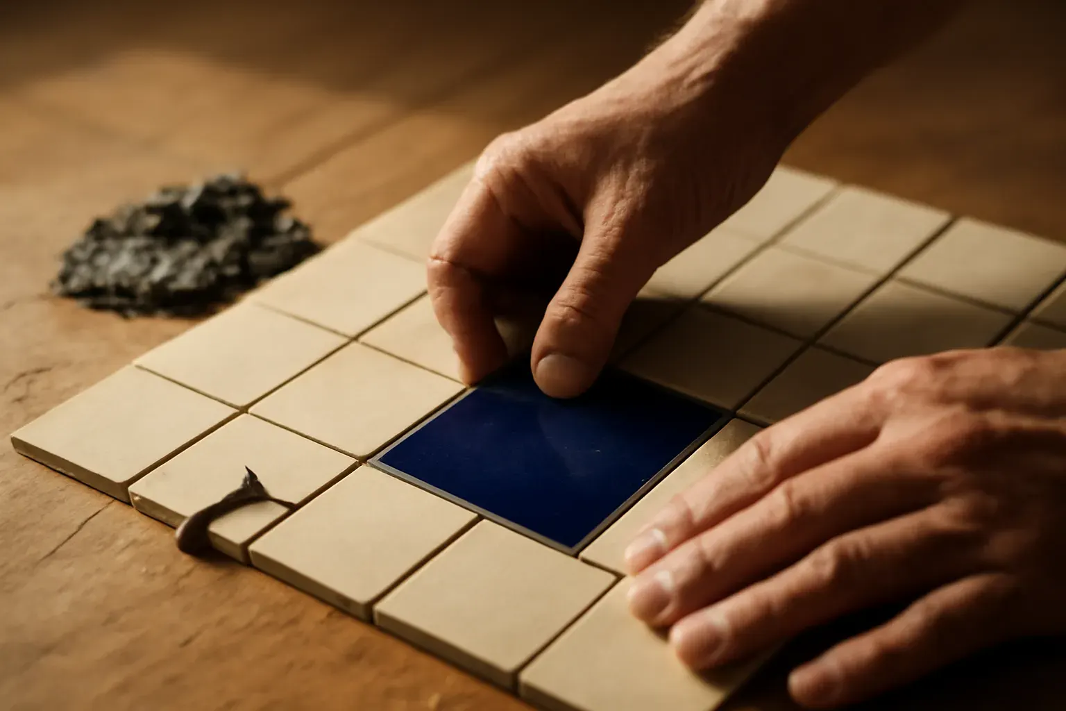 Hands carefully setting a cobalt-blue azulejo tile into a partly finished grid of tiles, representing webnestteam's step-by-step delivery process.